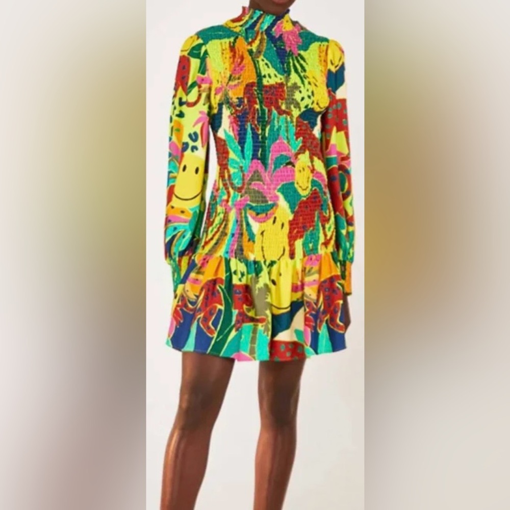 Farm Rio Leopards Jungle Smiley Mini Dress in Tropical Multi Colors Size S NWT